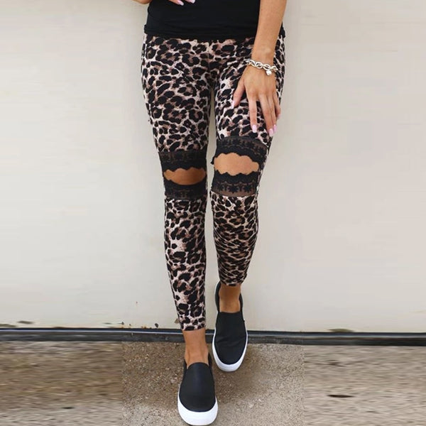 Pantalones Slim Mujer con Encaje Hueco y Estampado Leopardo