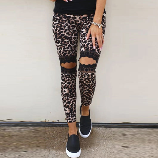 Pantalones Slim Mujer con Encaje Hueco y Estampado Leopardo