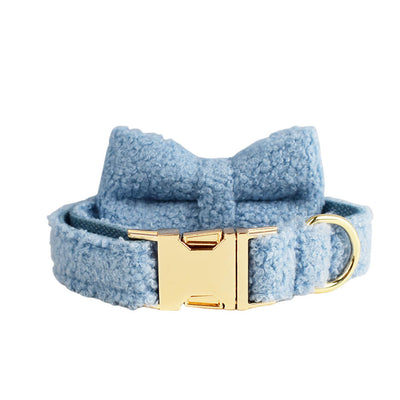 Light blue teddy bear textured dog collar and matching leash set with gold-colored hardware. - Image 42