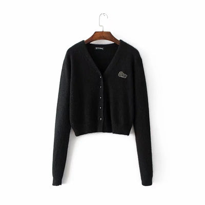 Cardigan de Punto con Bordado de Letras y Botones Peluche - Estilo Europeo Moderno - Image 3