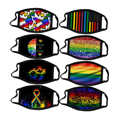 Rainbow camouflage face mask with horizontal stripes of red, orange, yellow, green, and blue, bordered by black fabric. - Image 14
