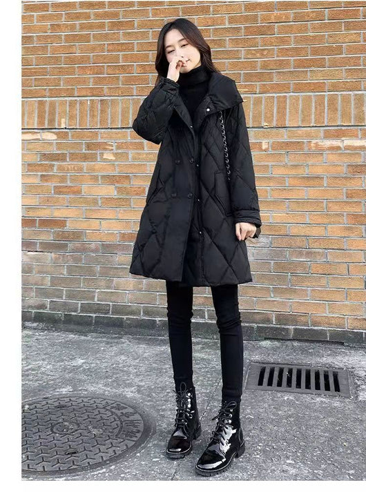 Abrigo Acolchado de Algodón Largo para Mujer - Negro - Image 3