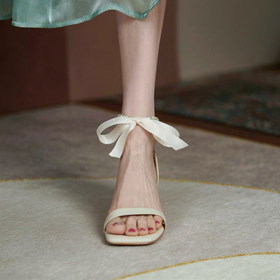 Sandalias de Tacón Grueso con Tira Perla Francesa y Cuero para Mujer - Image 3