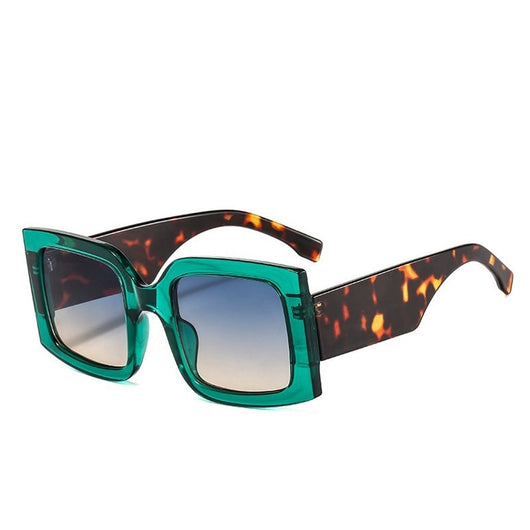 Large-frame green and tortoise shell sunglasses with gradient blue to yellow square lenses. - Image 18