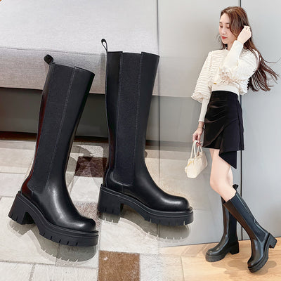 Botas de Cuero para Mujer con Tacón Grueso y Suela Reforzada