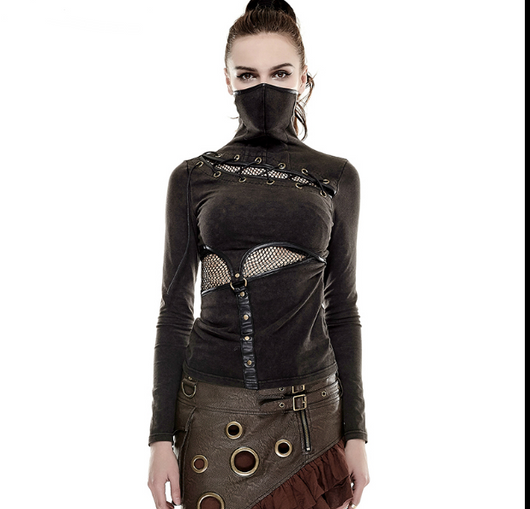 Camiseta Steampunk de Manga Larga con Cuello de Red Bicolor T432 - Image 3
