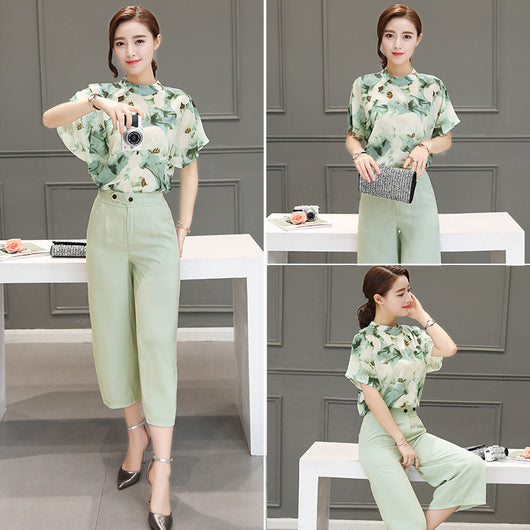 Conjunto de Verano Coreano: Blusa de Gasa Manga Corta y Pantalón Ancho - Image 3