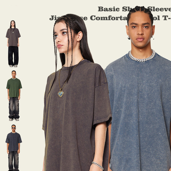 Camiseta Manga Corta Desteñida para Hombre - Estilo Vintage Verano