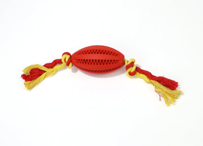Green rubber pet molar toy with a football shape and textured surface, featuring red and green braided rope knots. - Image 20