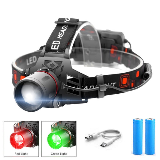 Linterna Frontal LED T6 Multi-Luz: Blanca, Verde y Roja con Zoom