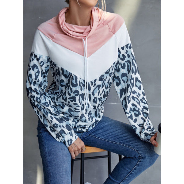 Sudadera con Capucha Patchwork Estampado Leopardo y Contraste de Colores para Mujer