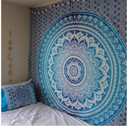 Tapiz Mandala Indio Verde Azul Floral 210x150cm - Manta Multiuso para Yoga, Playa y Decoración