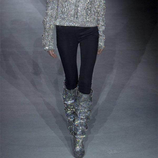 Botas Altas Brillantes con Tacón para Fiesta y Noche