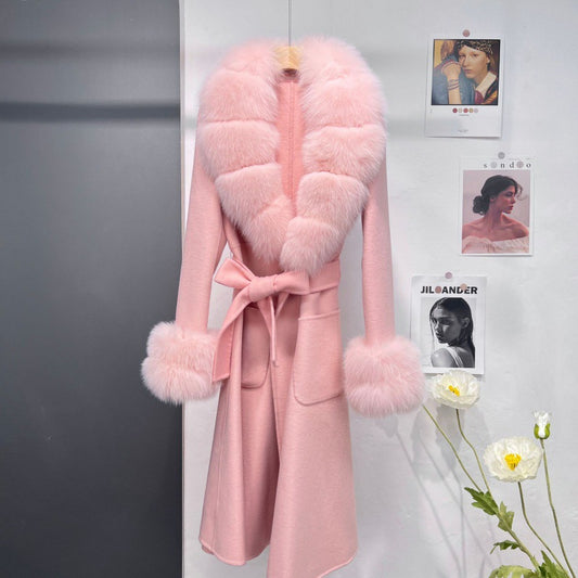 Abrigo Largo de Lana Reversible con Cuello de Pelaje para Mujer