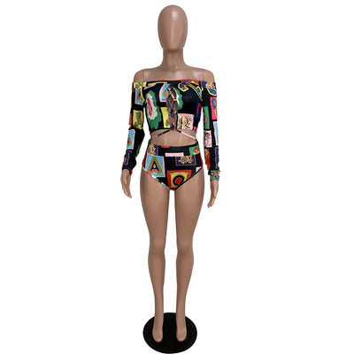 Women's colorful geometric print long-sleeve off-the-shoulder crop top and high-waisted bikini bottom swimsuit. - Image 11