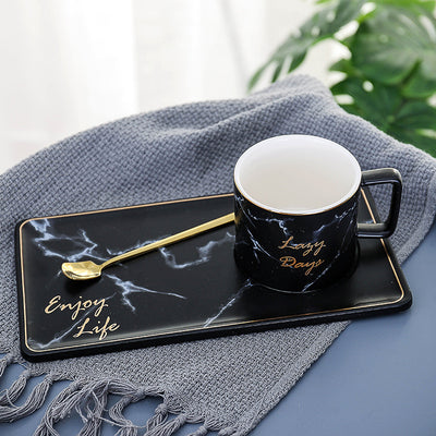 Juego de Tazas de Cerámica con Veta de Mármol y Borde Dorado - Tazas Ejecutivas Premium
