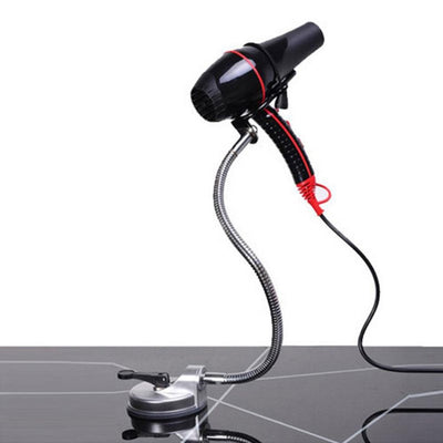 Hands-free hair dryer holder with a flexible silver gooseneck arm and a black suction cup base, holding a black hair dryer. - Image 7