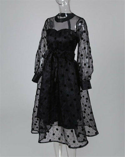 Vestido Negro con Lunares y Mangas de Malla Linterna - Image 2