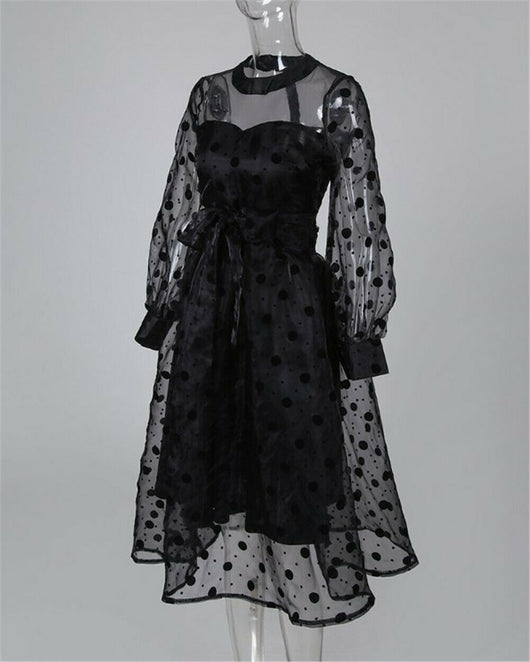 Vestido Negro con Lunares y Mangas de Malla Linterna - Image 2