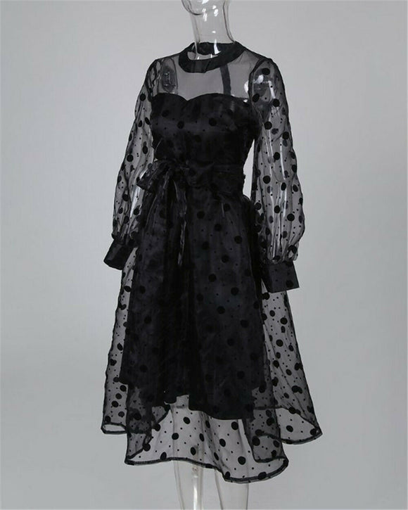 Vestido Negro con Lunares y Mangas de Malla Linterna