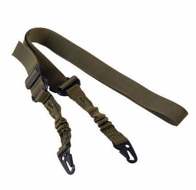 Black crossbody nylon strap with elastic sections, adjustable buckles, and two metal hooks for tension adjustment. - Image 4