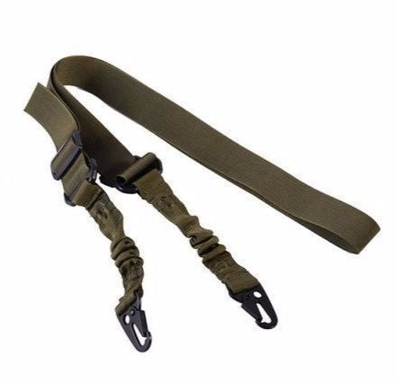 Black crossbody nylon strap with elastic sections, adjustable buckles, and two metal hooks for tension adjustment. - Image 4