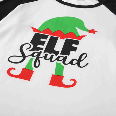 Christmas "ELF Squad" pajama set with white and black raglan long-sleeve top and green plaid pants. - Image 14