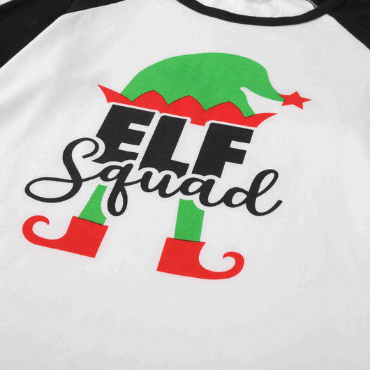 Christmas "ELF Squad" pajama set with white and black raglan long-sleeve top and green plaid pants. - Image 14