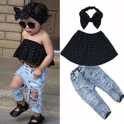 Conjunto Infantil 3 Piezas Niña: Top Hombro Descubierto Lunares + Jeans Rotos + Cinta