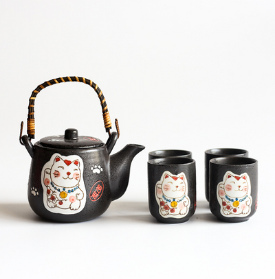 Juego de Té de Cerámica Gato de la Suerte Pintado a Mano - Tetera y 4 Tazas Negro - Image 10