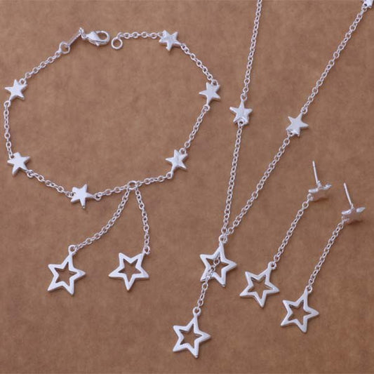 Conjunto de Joyería Plateada: Pulsera, Collar y Aretes Estrella