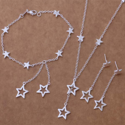 Conjunto de Joyería Plateada: Pulsera, Collar y Aretes Estrella