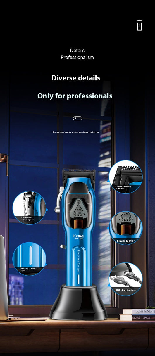 Blue electric hair clipper set with charging base, USB cable, cleaning brush, oil, and six guide combs. - Image 10