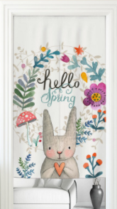 White fabric door curtain with a 'Hello Spring' design featuring a cute rabbit, colorful floral wreath, and mushroom. - Image 9