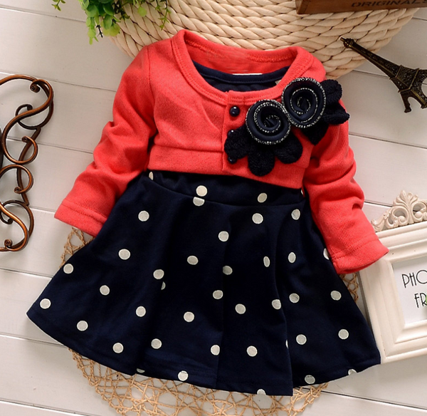 Vestido Infantil de Manga Larga con Estampado de Lunares y Dibujos Animados