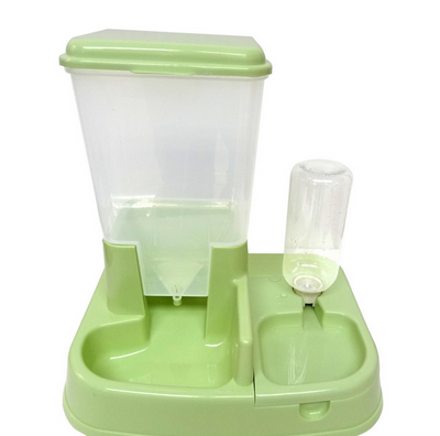 Light green and clear plastic automatic pet feeder with separate food and water dispensers and bowls. - Image 3