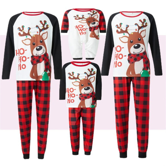 White and red plaid Christmas romper with a reindeer graphic wearing a scarf and "HO-HO-Ho" text.