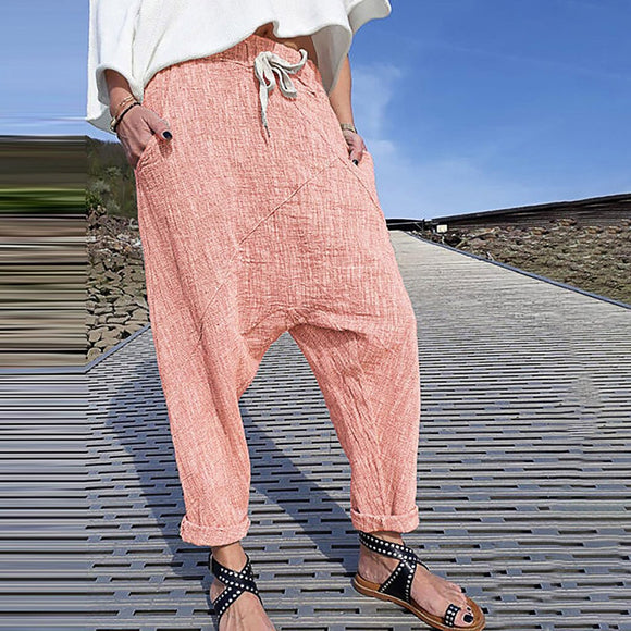 Pantalones Anchos de Lino y Algodón con Bolsillos para Mujer Talla Grande
