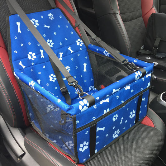 Light grey pet car booster seat with black mesh sides and adjustable straps, installed on a black and red car seat. - Image 2
