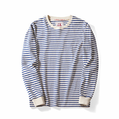 Camiseta Casual de Algodón a Rayas Clásica Cuello Redondo Manga Larga para Hombre - Image 8