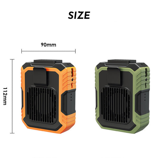 Green and black portable rechargeable mini fan with a clip, shown with a neck lanyard and fast charging cable. - Image 5