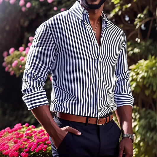 Camisa Casual de Manga Larga con Rayas para Hombre - Estilo Moderno Botones - Image 4