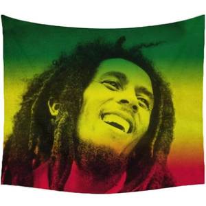 Tapestry featuring a smiling portrait of Bob Marley with dreadlocks against a red, yellow, and green gradient background.
