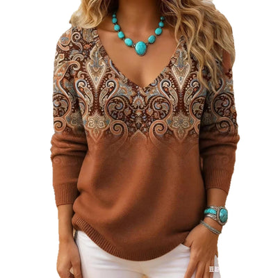 Blusa Retro Estampada con Cuello en V y Manga Larga para Mujer - Image 5
