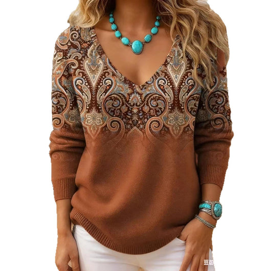 Blusa Retro Estampada con Cuello en V y Manga Larga para Mujer - Image 5