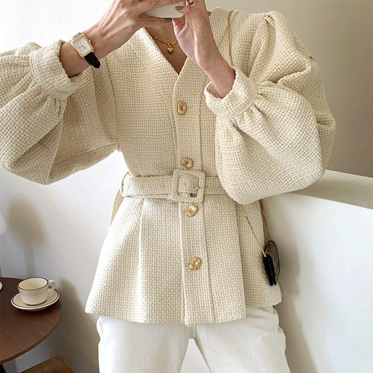 Chaqueta Suelta de Botón Simple con Mangas Linterna y Cinturón para Mujer - Image 5