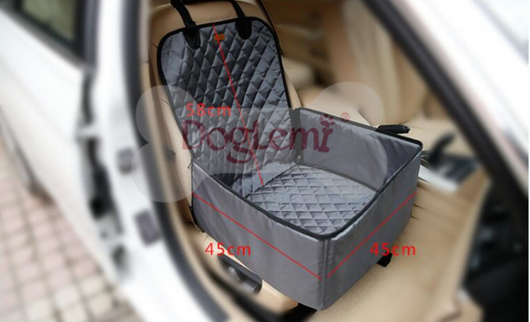 Black quilted waterproof pet seat cover and booster pad installed in a beige car, with a black dog sitting on it. - Image 7