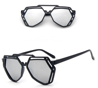 Black geometric cut-out sunglasses with blue mirrored lenses, shown from front and side angles. - Image 7