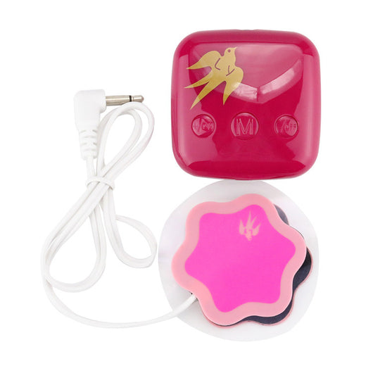 Red square TENS unit with gold bird logo, white cable, and two pink flower-shaped electrode pads for pain relief. - Image 10