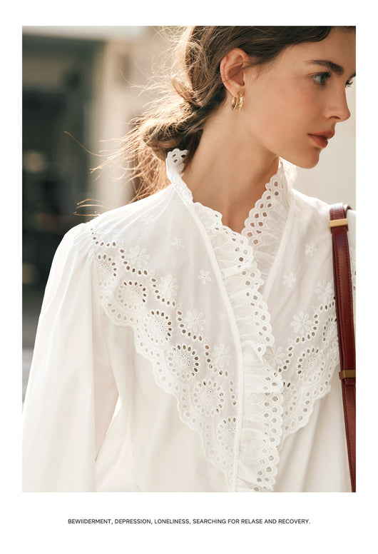 Blusa Blanca de Encaje Estilo Francés con Manga Larga para Mujer - Image 8